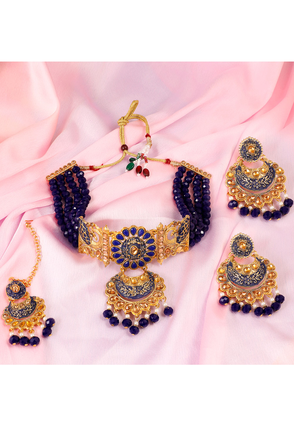 Navy Blue Alloy Artificial Stone Necklace Set With Earrings and Maang Tikka 254218