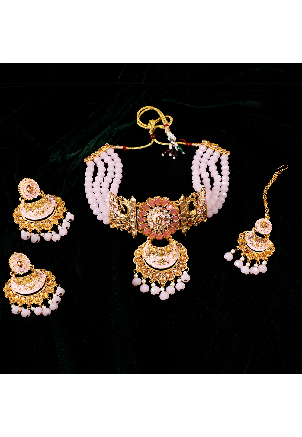 Pink Alloy Artificial Stone Necklace Set With Earrings and Maang Tikka 254219