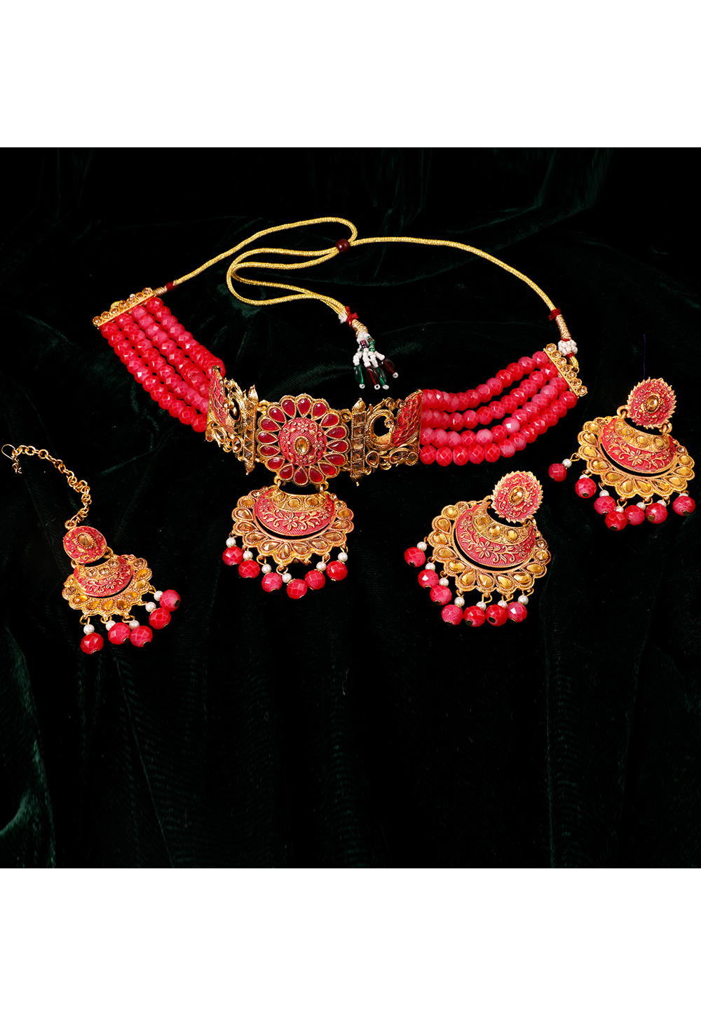 Pink Alloy Artificial Stone Necklace Set With Earrings and Maang Tikka 254221