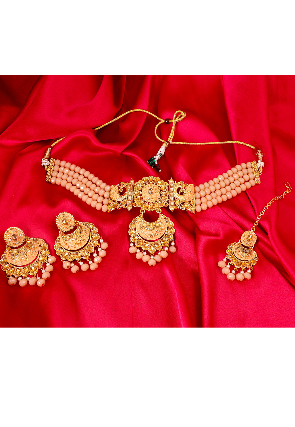 Peach Alloy Artificial Stone Necklace Set With Earrings and Maang Tikka 254222