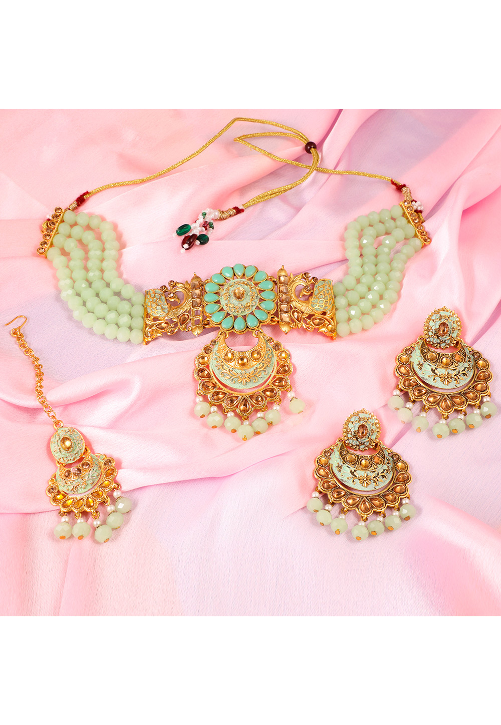 Light Green Alloy Artificial Stone Necklace Set With Earrings and Maang Tikka 254223