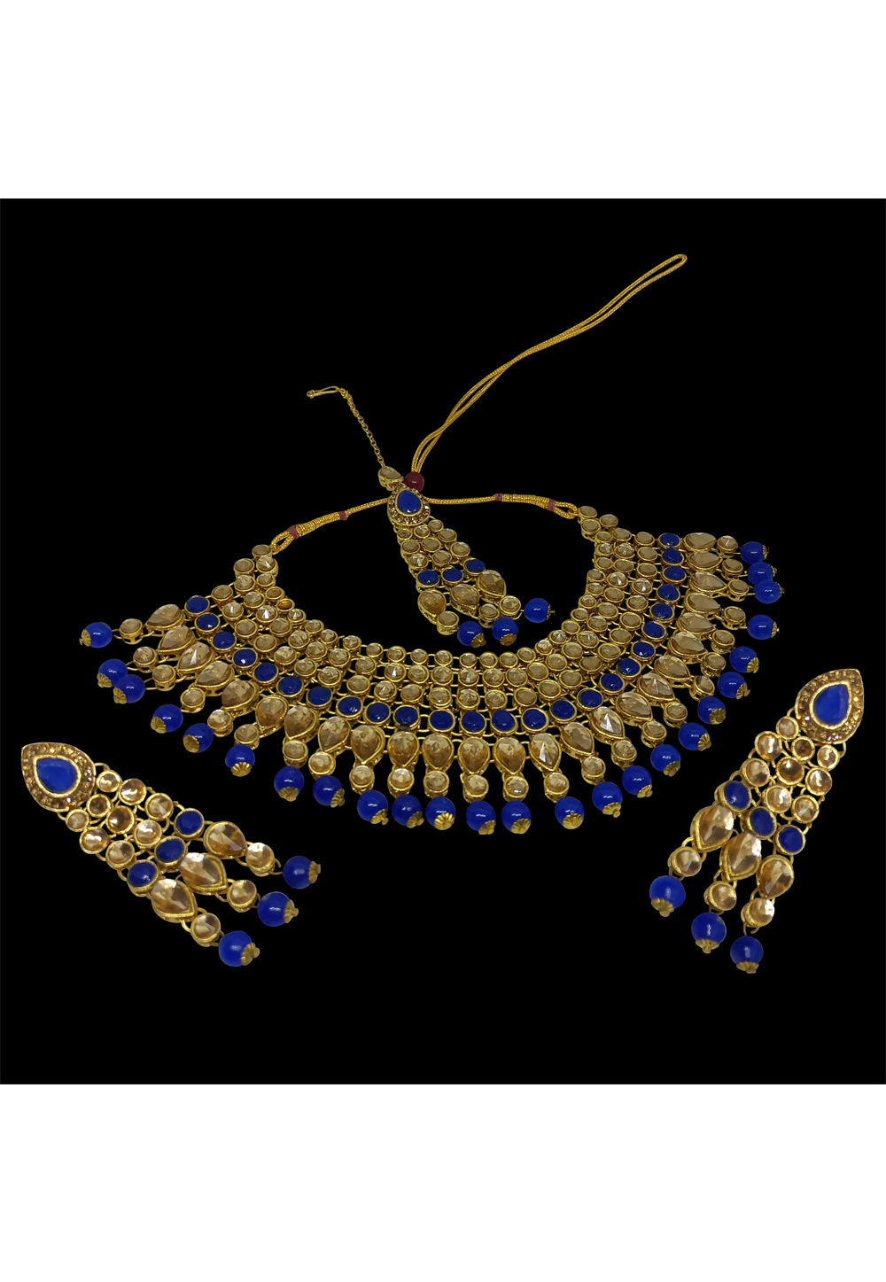 Blue Alloy Artificial Stone Necklace Set With Earrings and Maang Tikka 254224