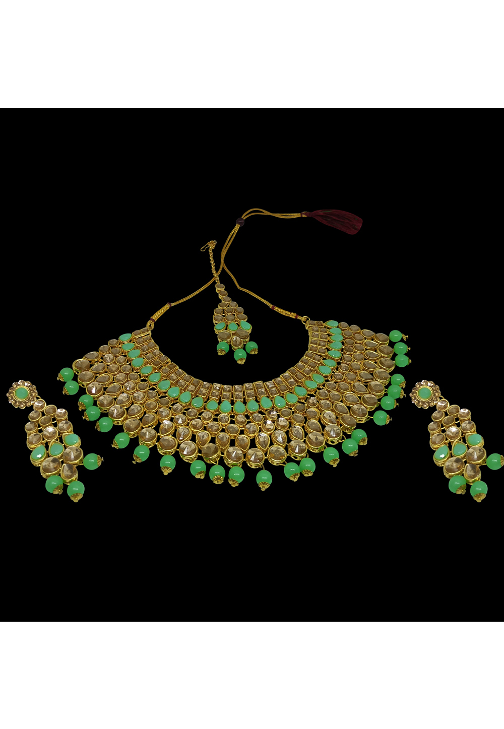 Light Green Alloy Artificial Stone Necklace Set With Earrings and Maang Tikka 254225
