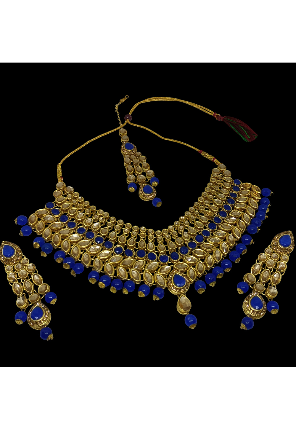 Blue Alloy Artificial Stone Necklace Set With Earrings and Maang Tikka 254226