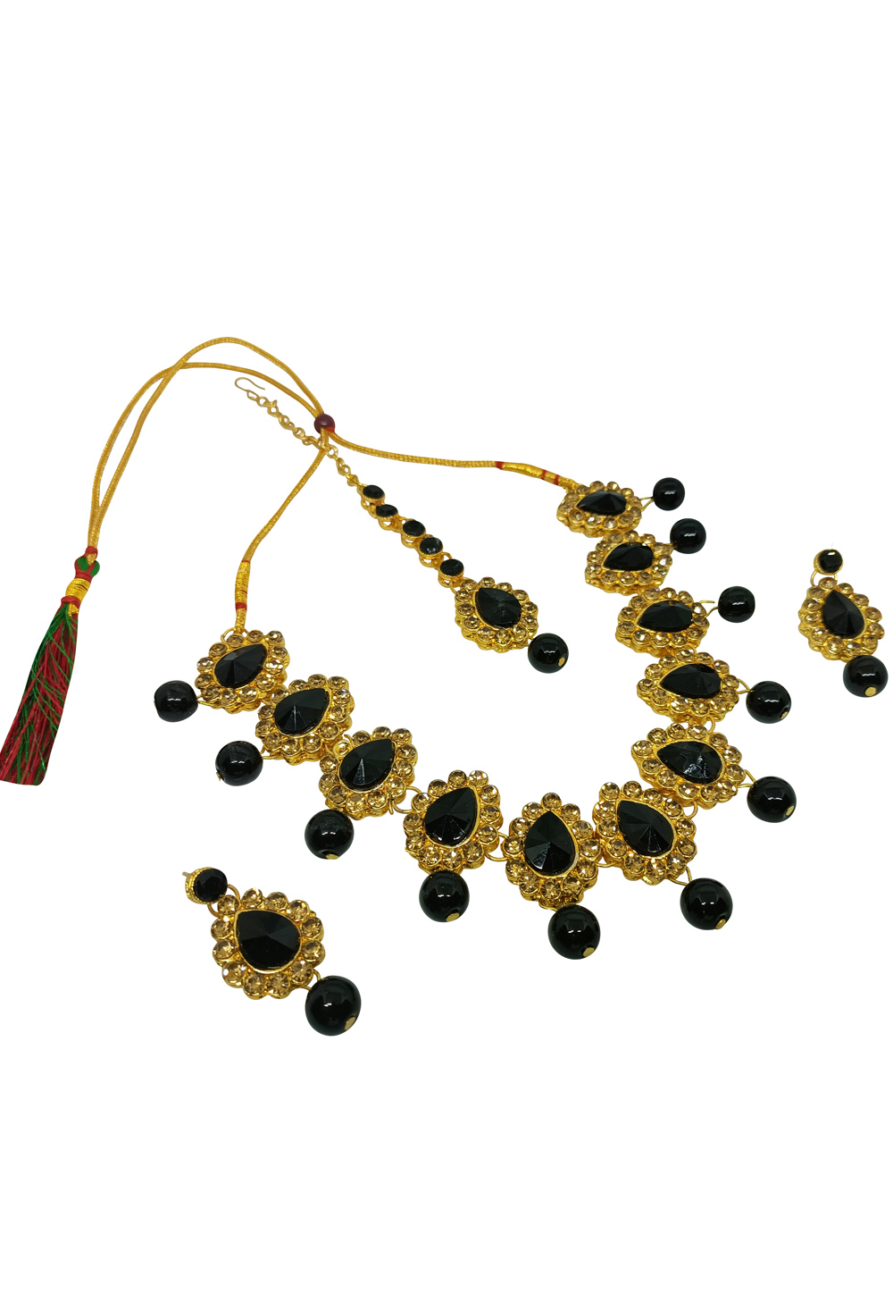Green Alloy Artificial Stone Necklace Set With Earrings and Maang Tikka 254227