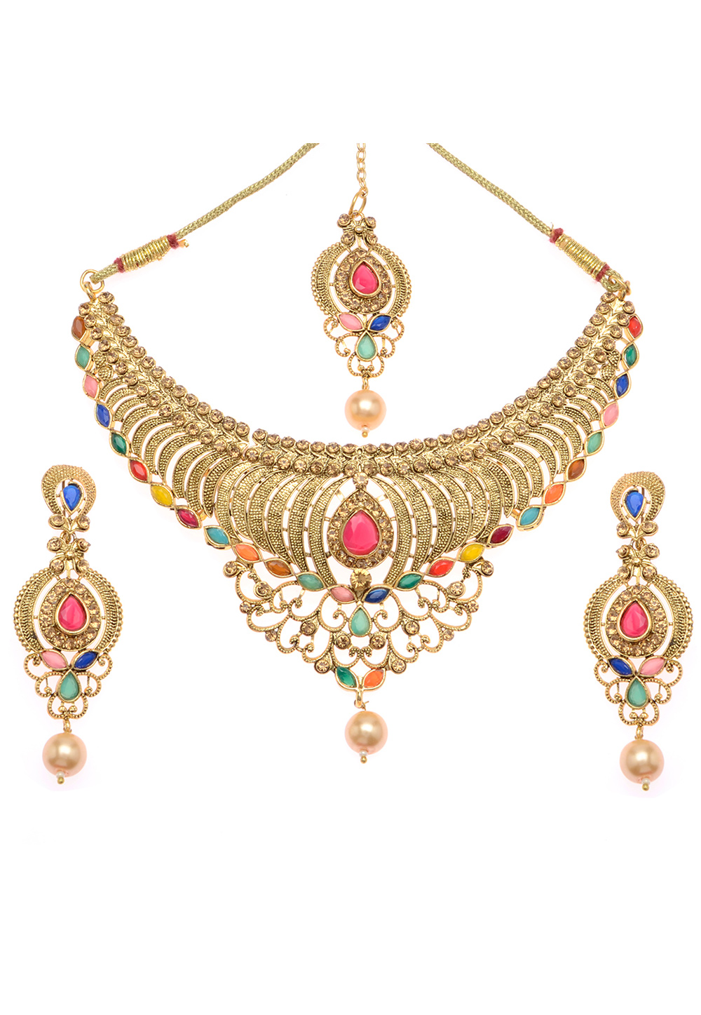 Multicolor Alloy Artificial Stone Necklace Set With Earrings and Maang Tikka 254228
