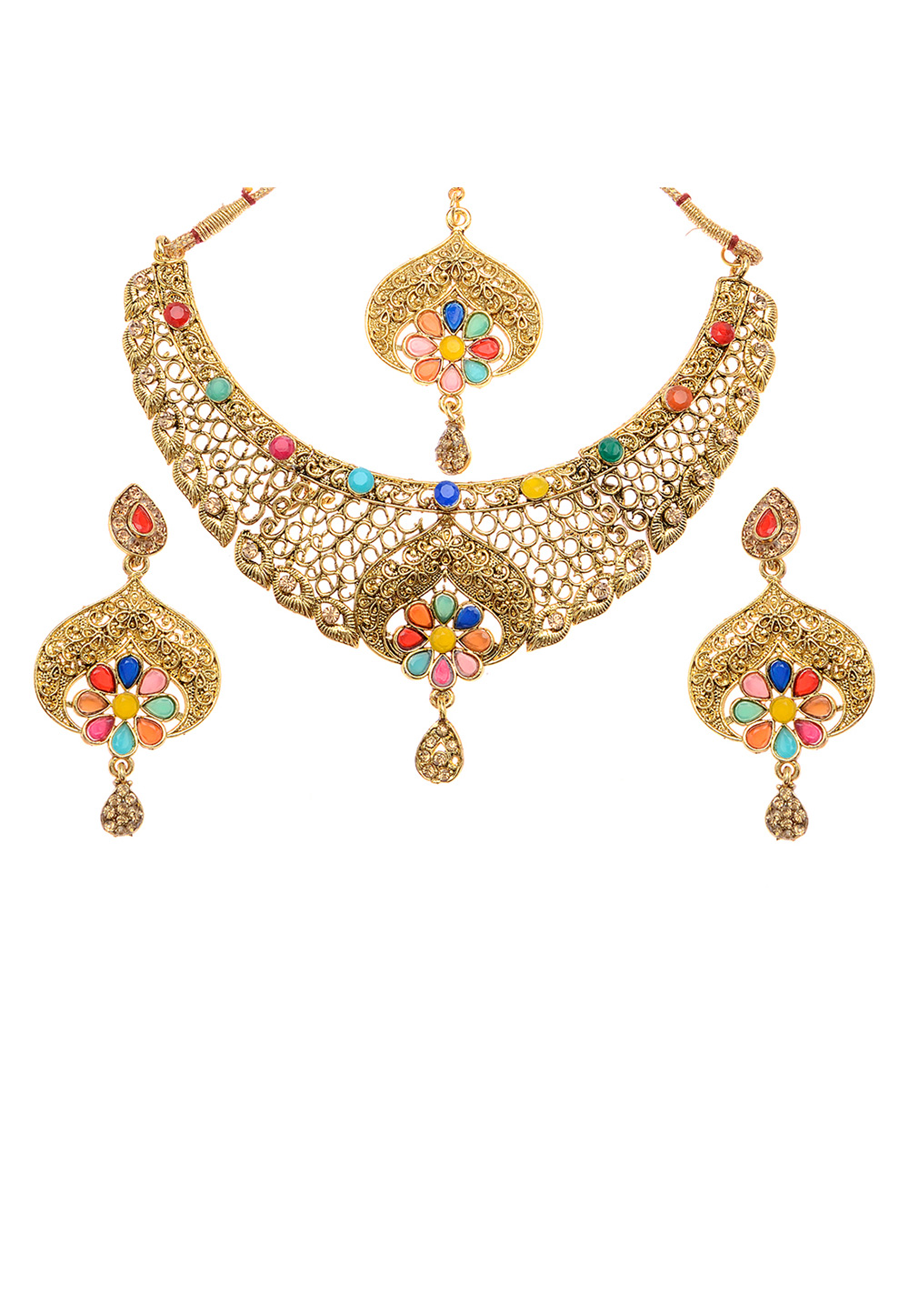 Multicolor Alloy Artificial Stone Necklace Set With Earrings and Maang Tikka 254229