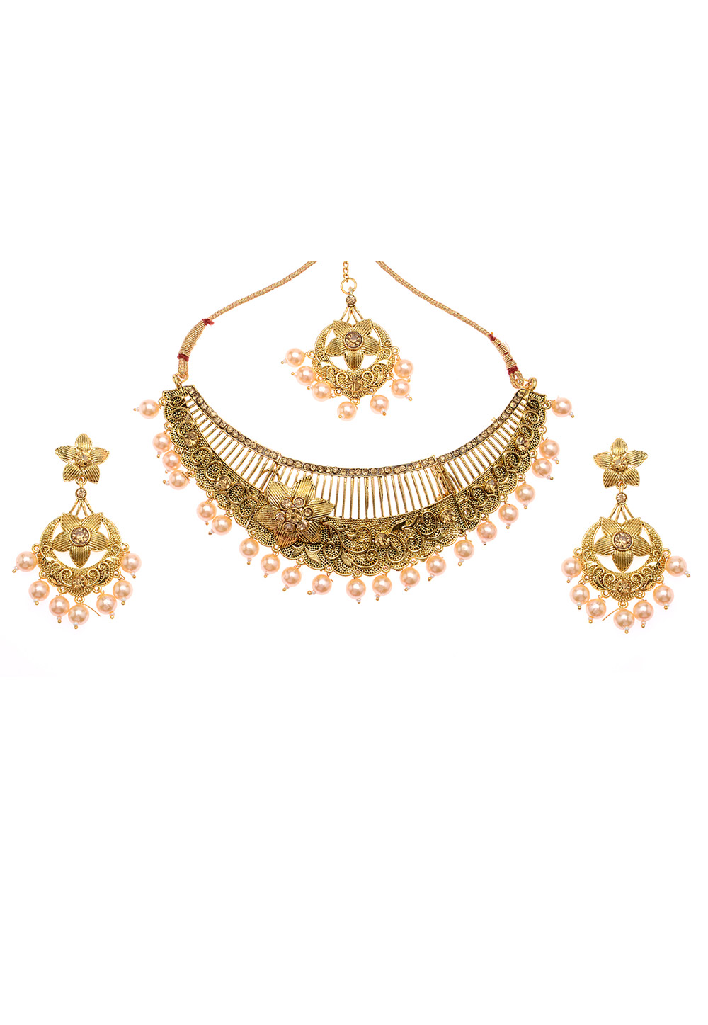 Light Pink Alloy Artificial Stone Necklace Set With Earrings and Maang Tikka 254230