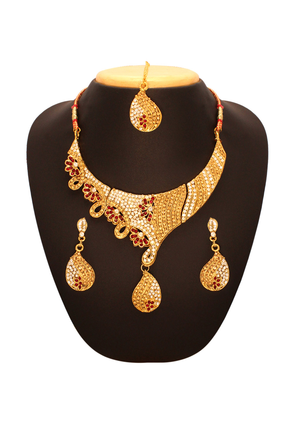 Maroon Alloy Artificial Stone Necklace Set With Earrings and Maang Tikka 254231