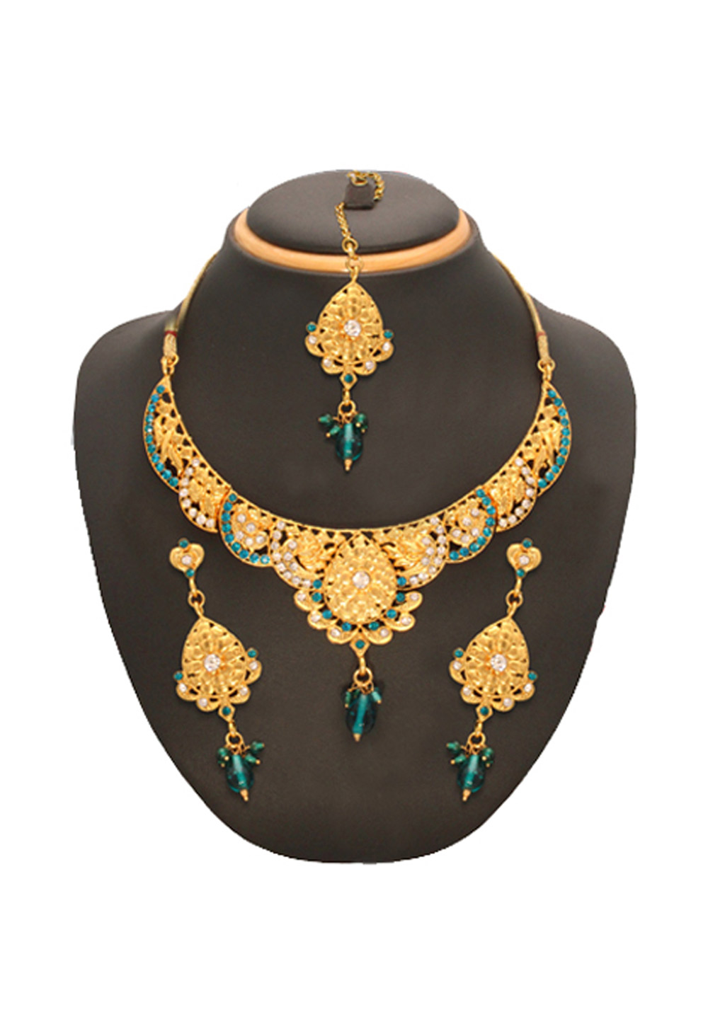Teal Alloy Artificial Stone Necklace Set With Earrings and Maang Tikka 254232