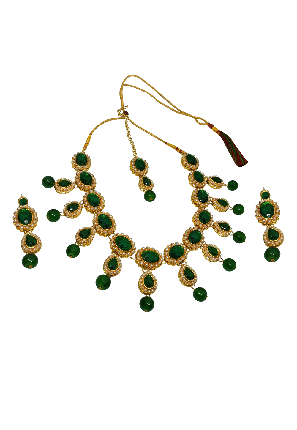 Green Alloy Artificial Stone Necklace Set With Earrings and Maang Tikka 254233