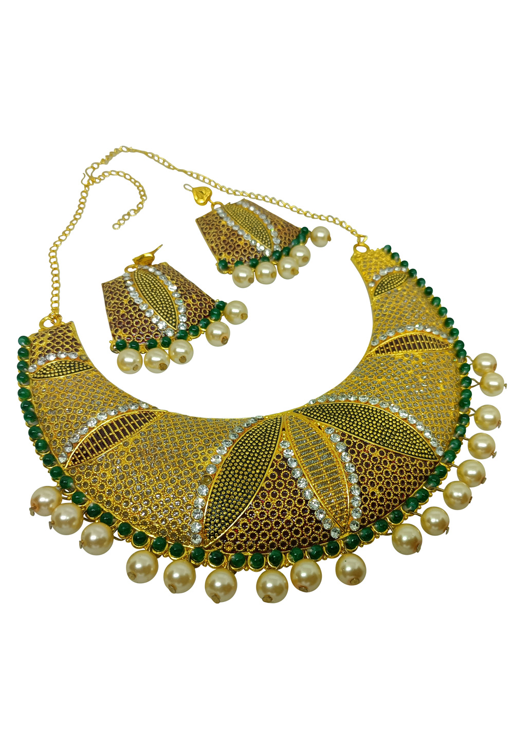 Green Alloy Austrian Diamonds And Kundan Necklace Set With Earrings 260948