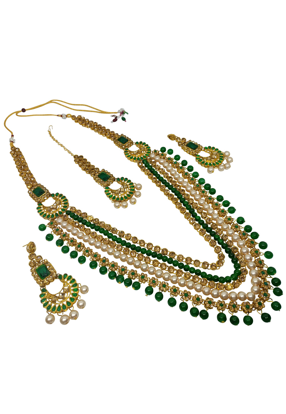 Green Alloy Austrian Diamonds And Kundan Necklace Set With Earrings and Maang Tikka 260949
