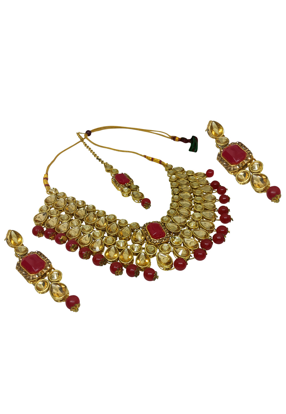 Maroon Alloy Austrian Diamonds And Kundan Necklace Set With Earrings and Maang Tikka 260950