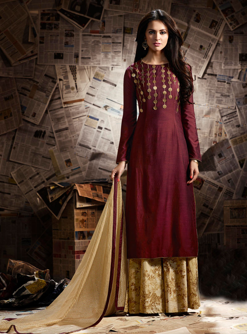 Maroon Cotton Palazzo Style Suit  89676