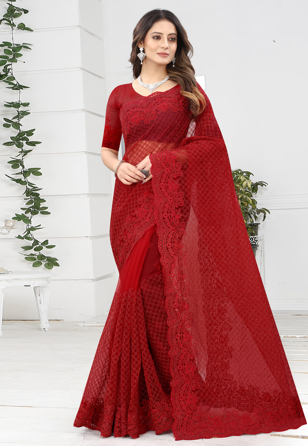 Red Net Saree With Blouse 239084