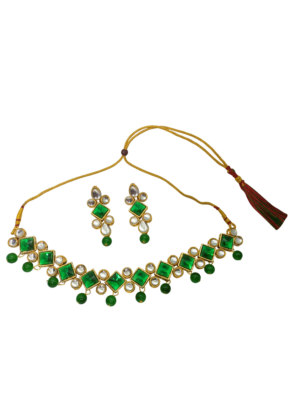 Green Alloy Austrian Diamonds And Kundan Necklace Set With Earrings 260951