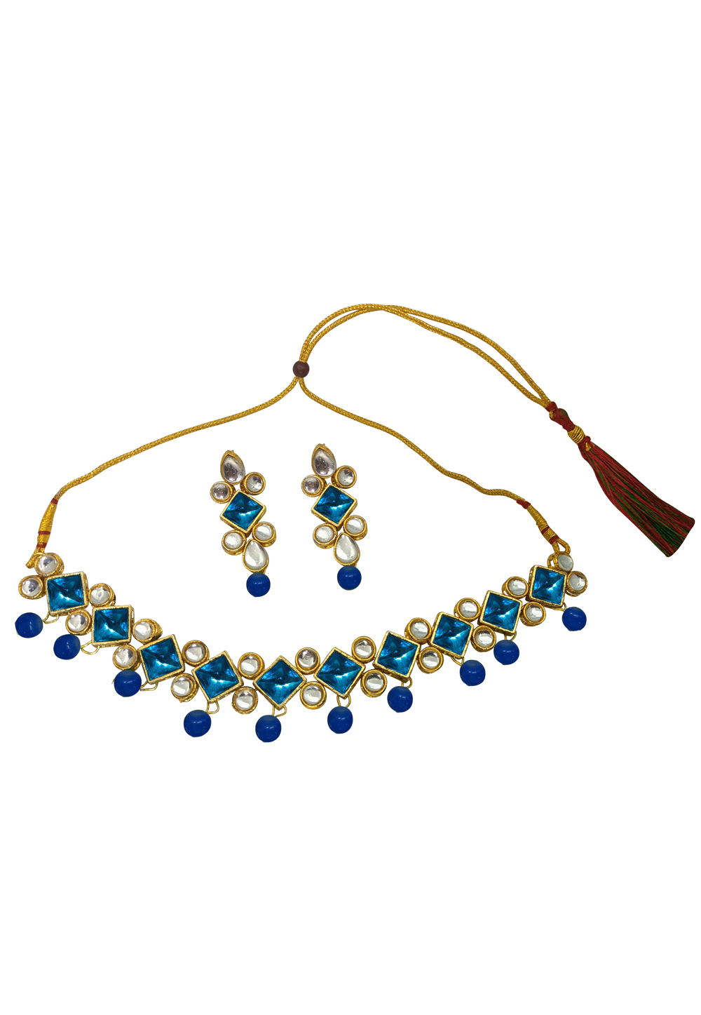 Blue Alloy Austrian Diamonds And Kundan Necklace Set With Earrings 260952