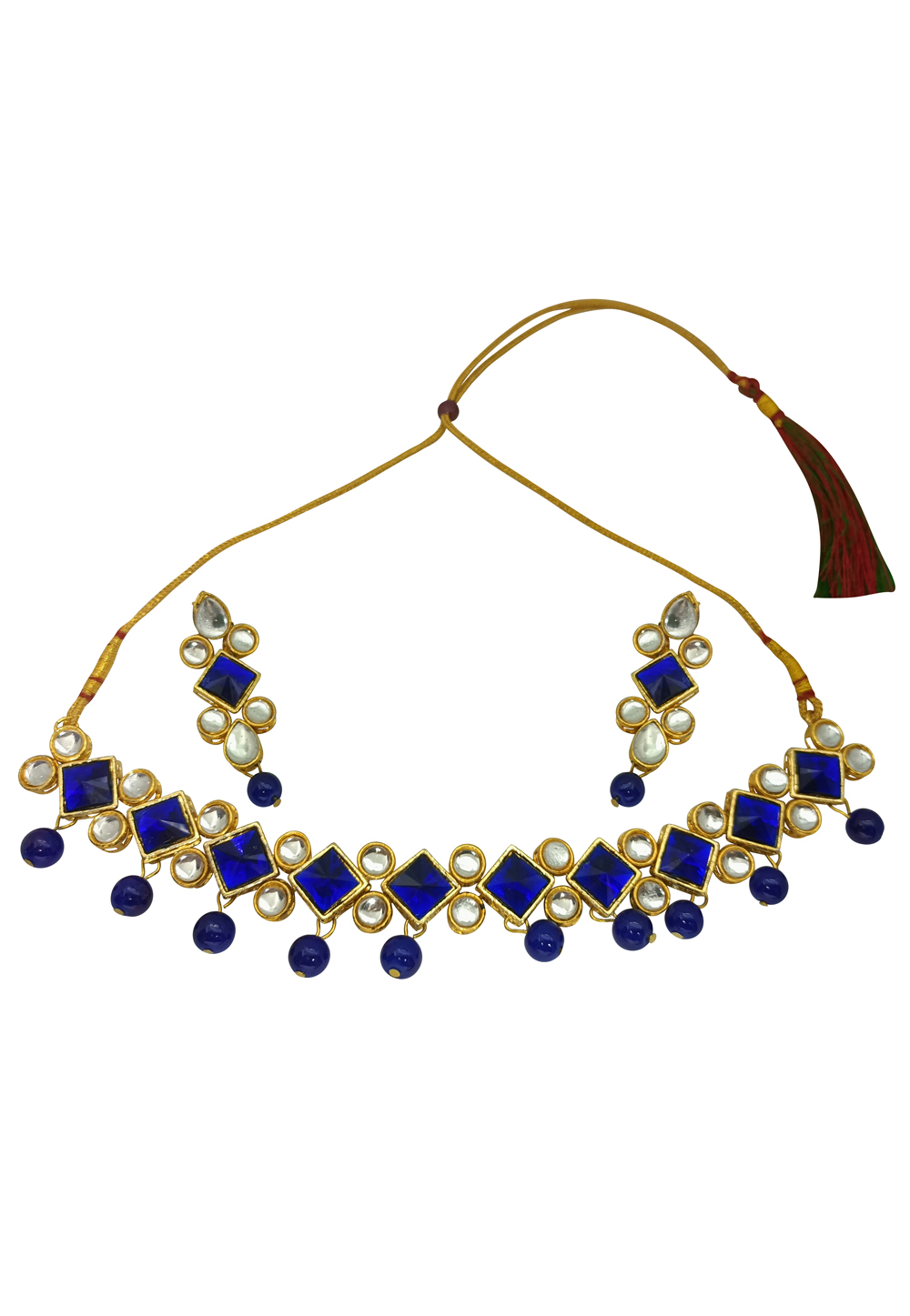 Blue Alloy Austrian Diamonds And Kundan Necklace Set With Earrings 260953