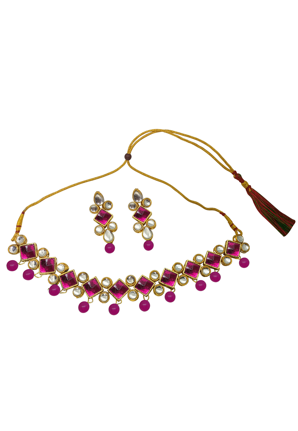 Magenta Alloy Austrian Diamonds And Kundan Necklace Set With Earrings 260954