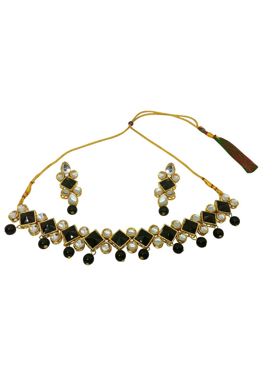 Black Alloy Austrian Diamonds And Kundan Necklace Set With Earrings 260955