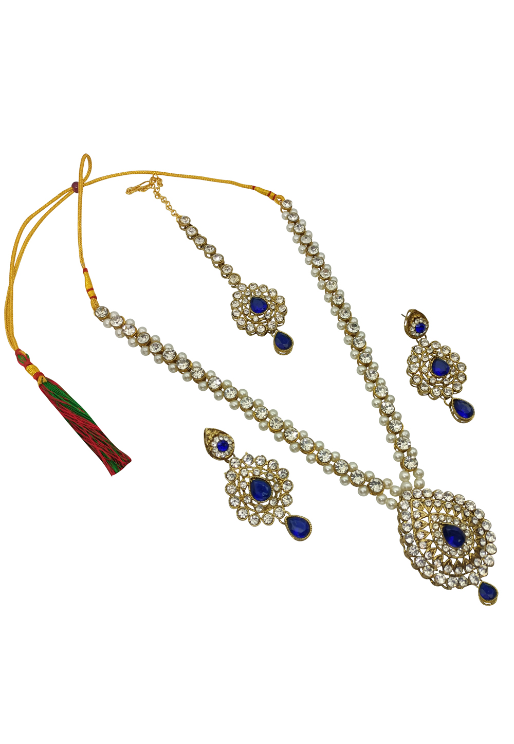 Blue Alloy Austrian Diamonds And Kundan Necklace Set With Earrings and Maang Tikka 260956