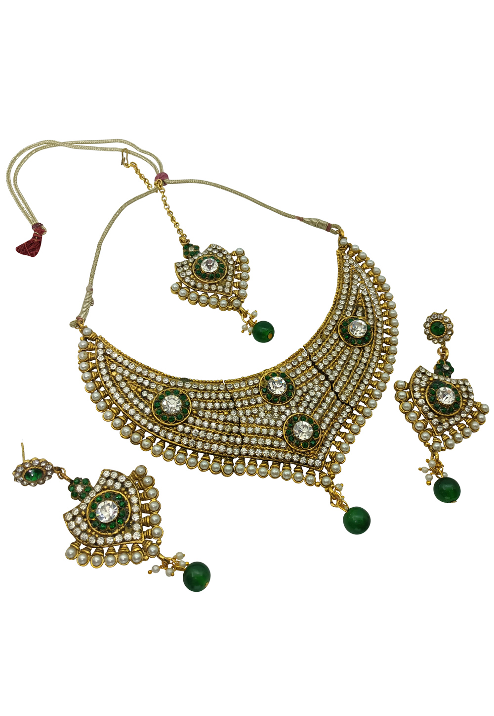 Green Alloy Austrian Diamonds And Kundan Necklace Set With Earrings and Maang Tikka 260957