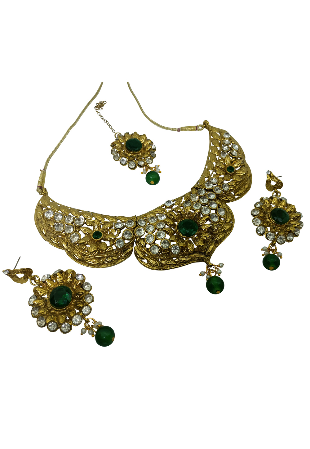 Green Alloy Austrian Diamonds And Kundan Necklace Set With Earrings and Maang Tikka 260958