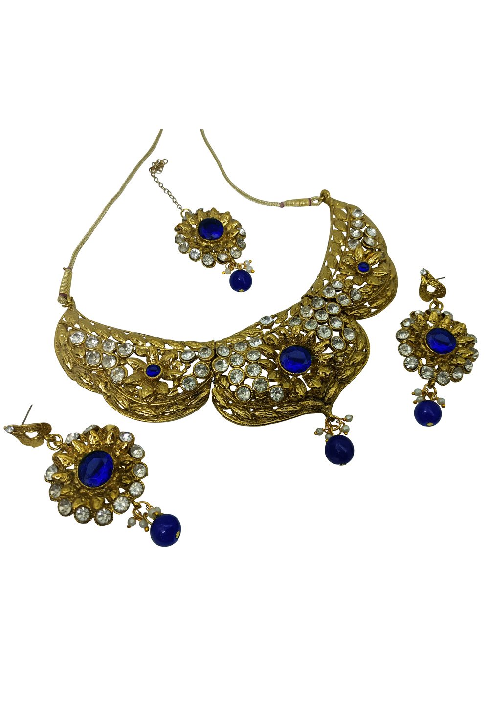 Navy Blue Alloy Austrian Diamonds And Kundan Necklace Set With Earrings and Maang Tikka 260959