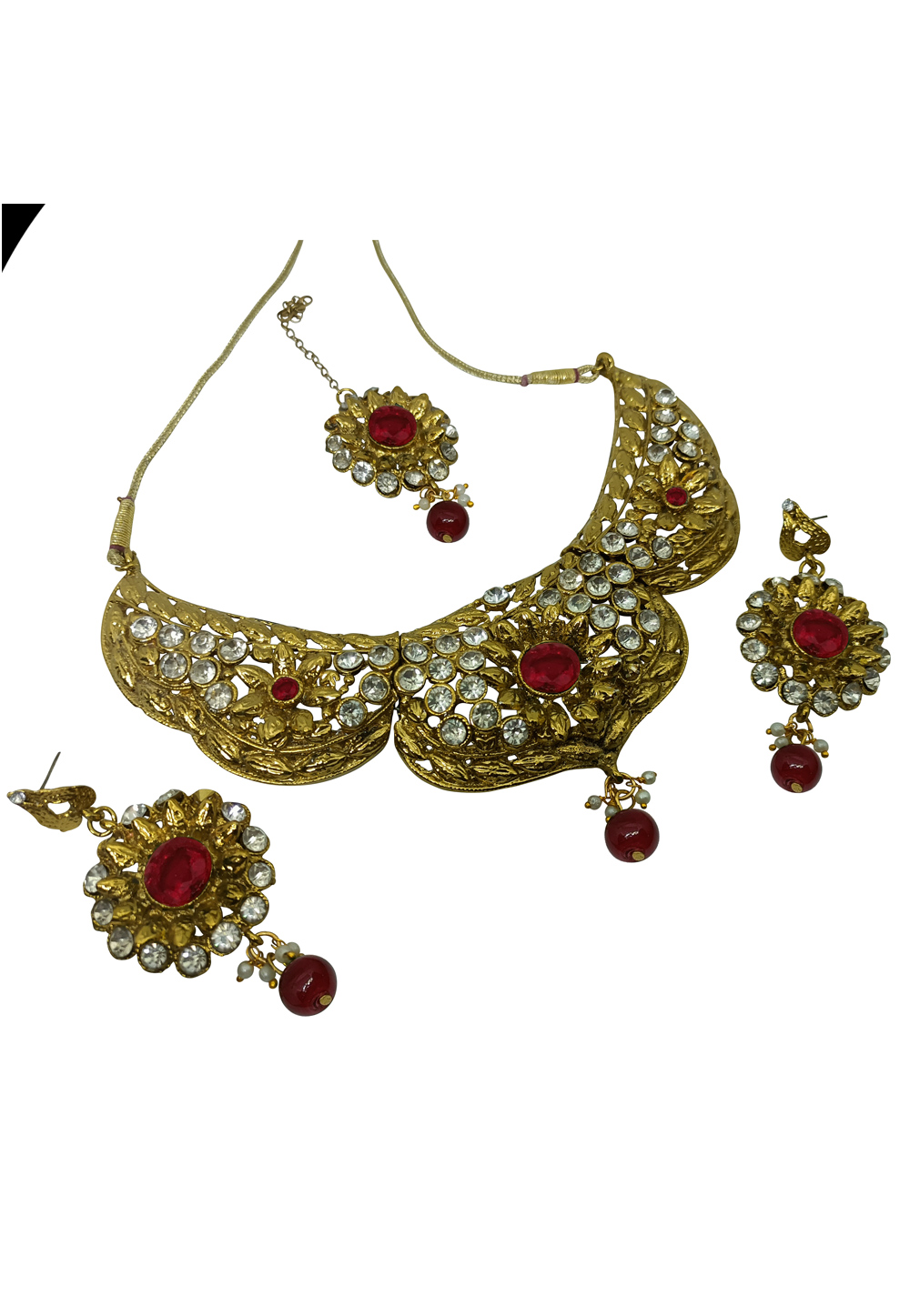 Maroon Alloy Austrian Diamonds And Kundan Necklace Set With Earrings and Maang Tikka 260960