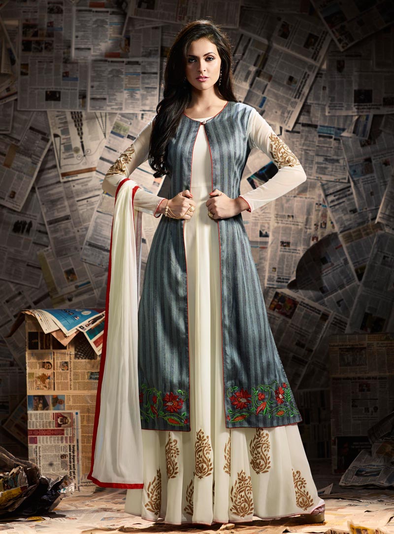 Off White Georgette Long Anarkali Suit With Jacket 89677