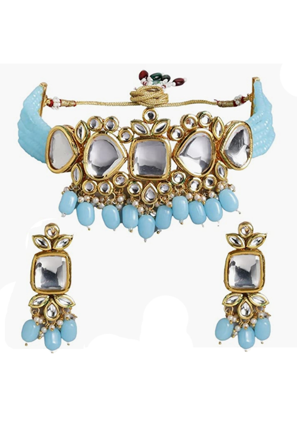 Sky Blue Alloy Austrian Diamonds And Kundan Necklace Set With Earrings 260961