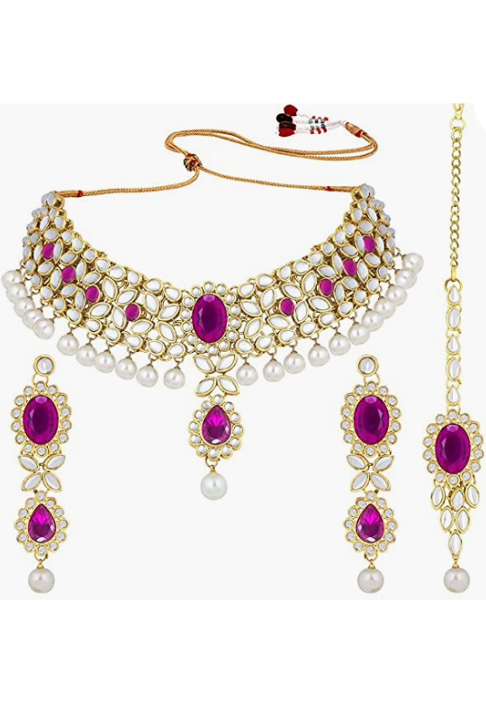 Magenta Alloy Austrian Diamonds And Kundan Necklace Set With Earrings and Maang Tikka 260962