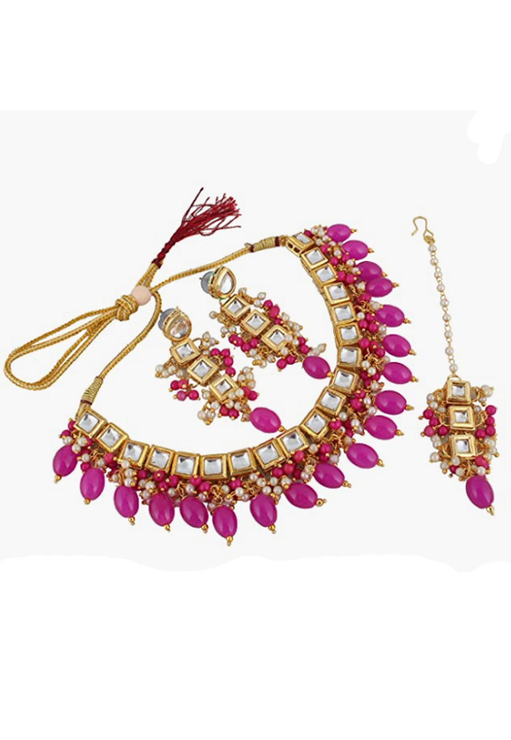 Pink Alloy Austrian Diamonds And Kundan Necklace Set With Earrings and Maang Tikka 260963