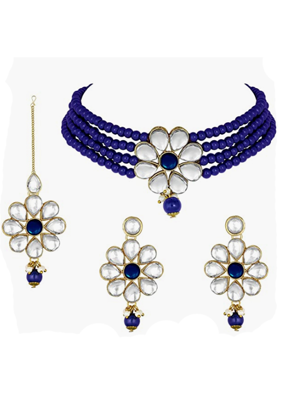 Navy Blue Alloy Austrian Diamonds And Kundan Necklace Set With Earrings and Maang Tikka 260965