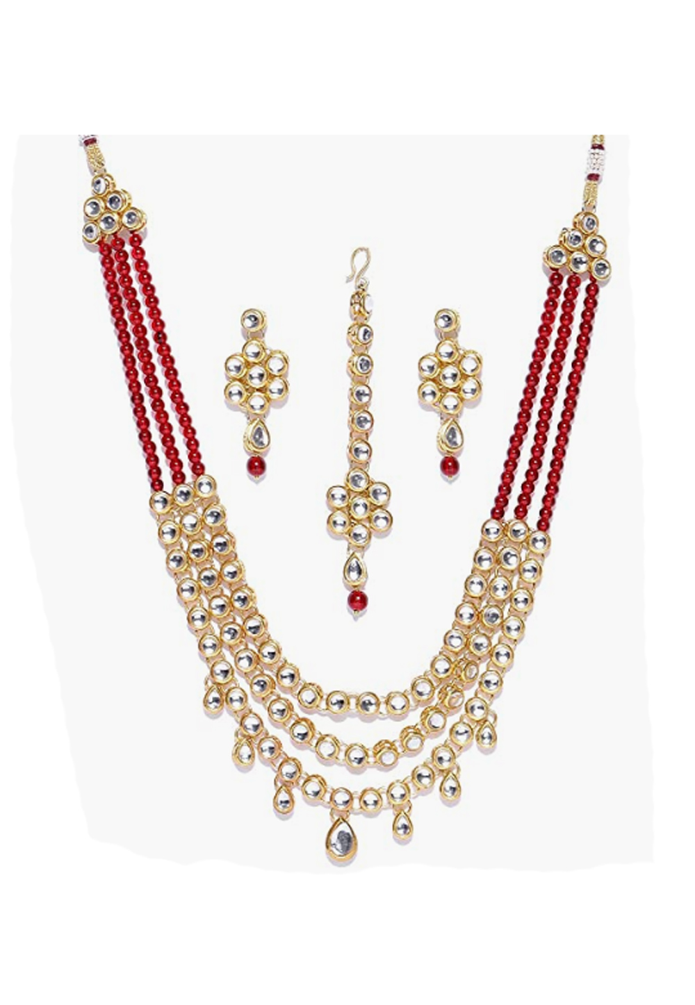 Red Alloy Austrian Diamonds And Kundan Necklace Set With Earrings and Maang Tikka 260966
