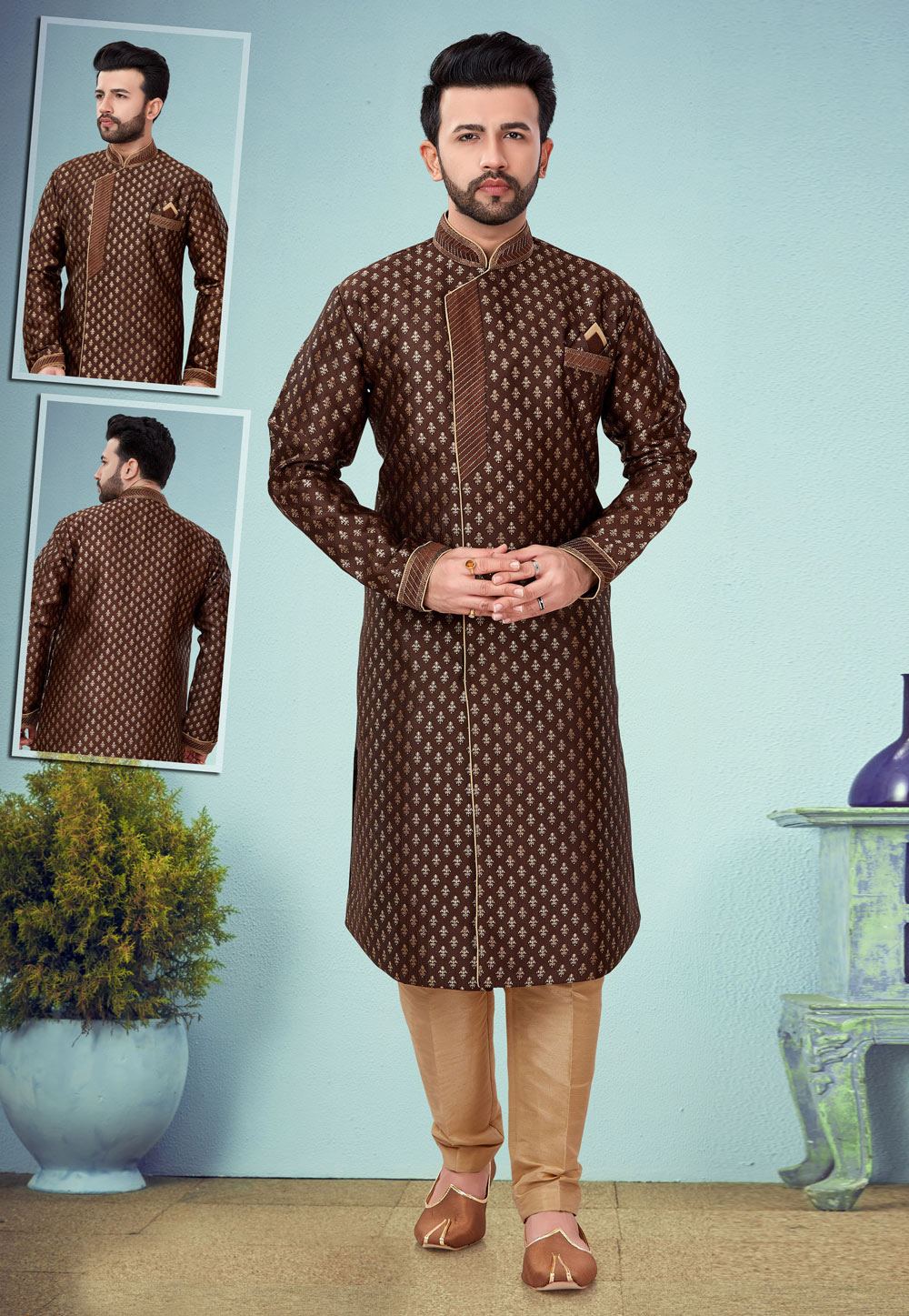 Brown Banarasi Jacquard Indo Western Suit 219962