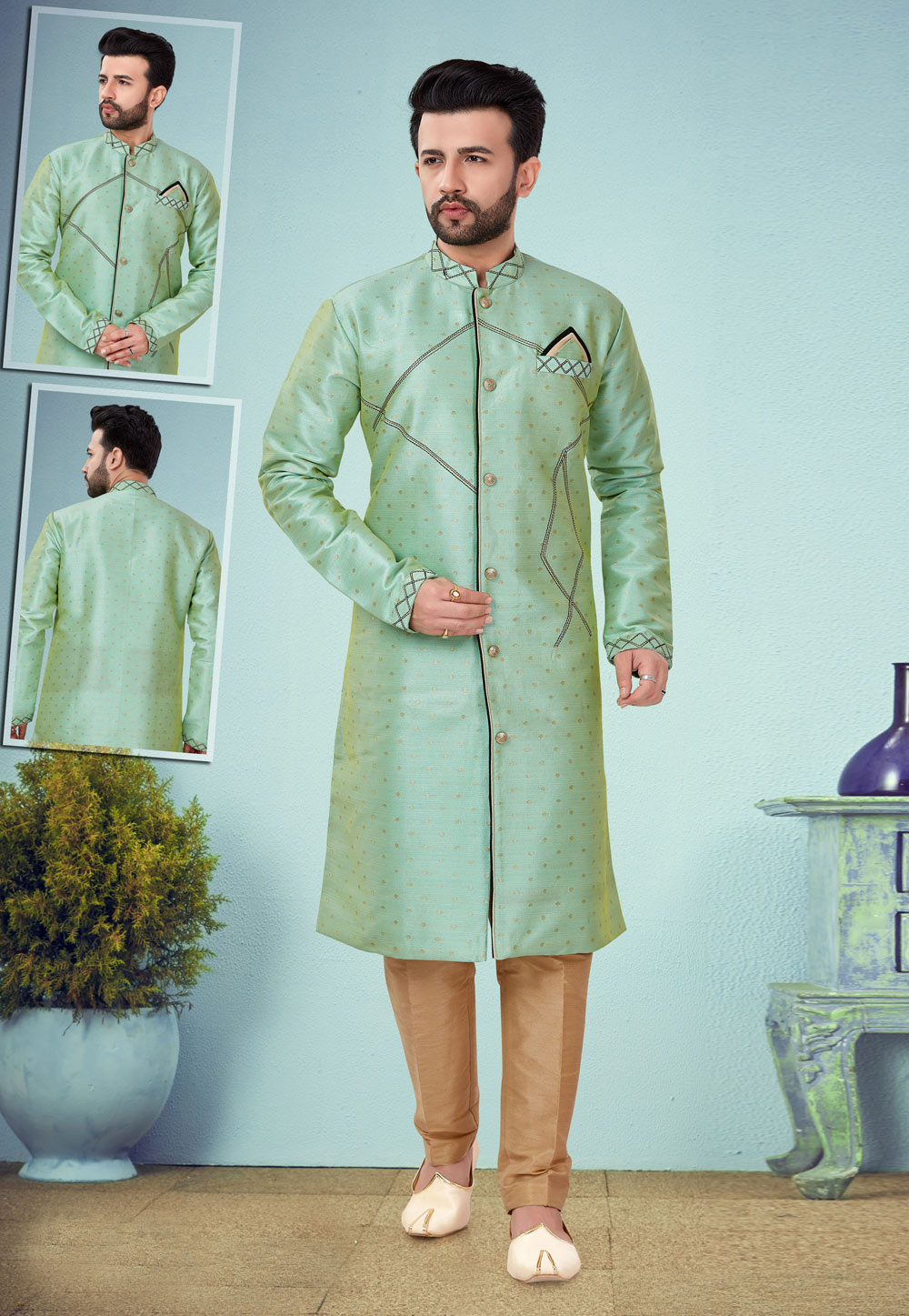 Light Green Banarasi Jacquard Indo Western Suit 219963