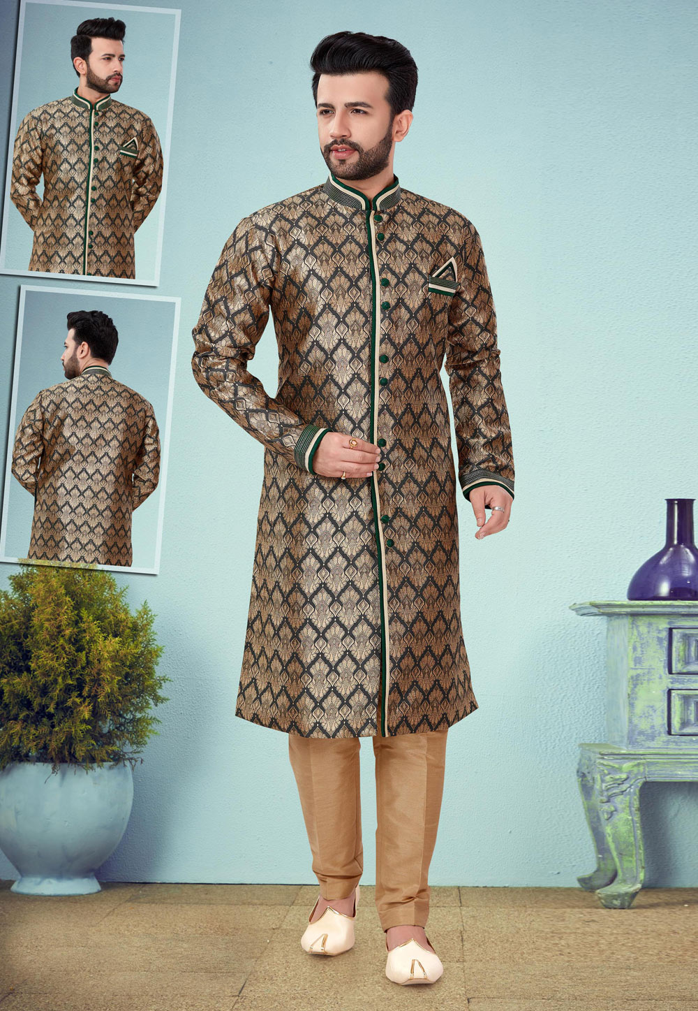 Beige Banarasi Jacquard Indo Western Suit 219964