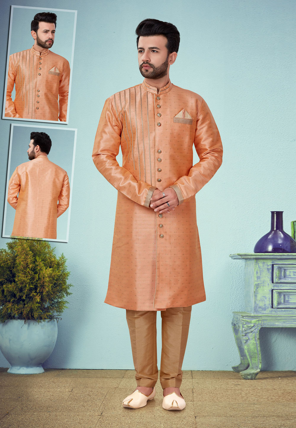 Peach Banarasi Jacquard Indo Western Suit 219965