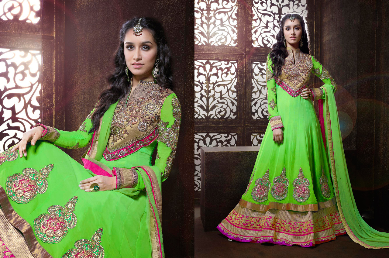 Shraddha Kapoor Green Butta Work Layer Cut Floor Length Suit 38908