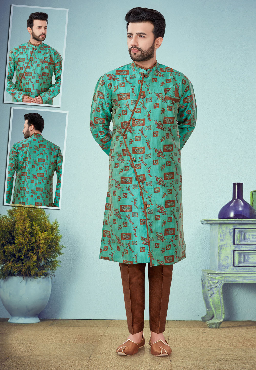 Green Banarasi Jacquard Indo Western Suit 219967