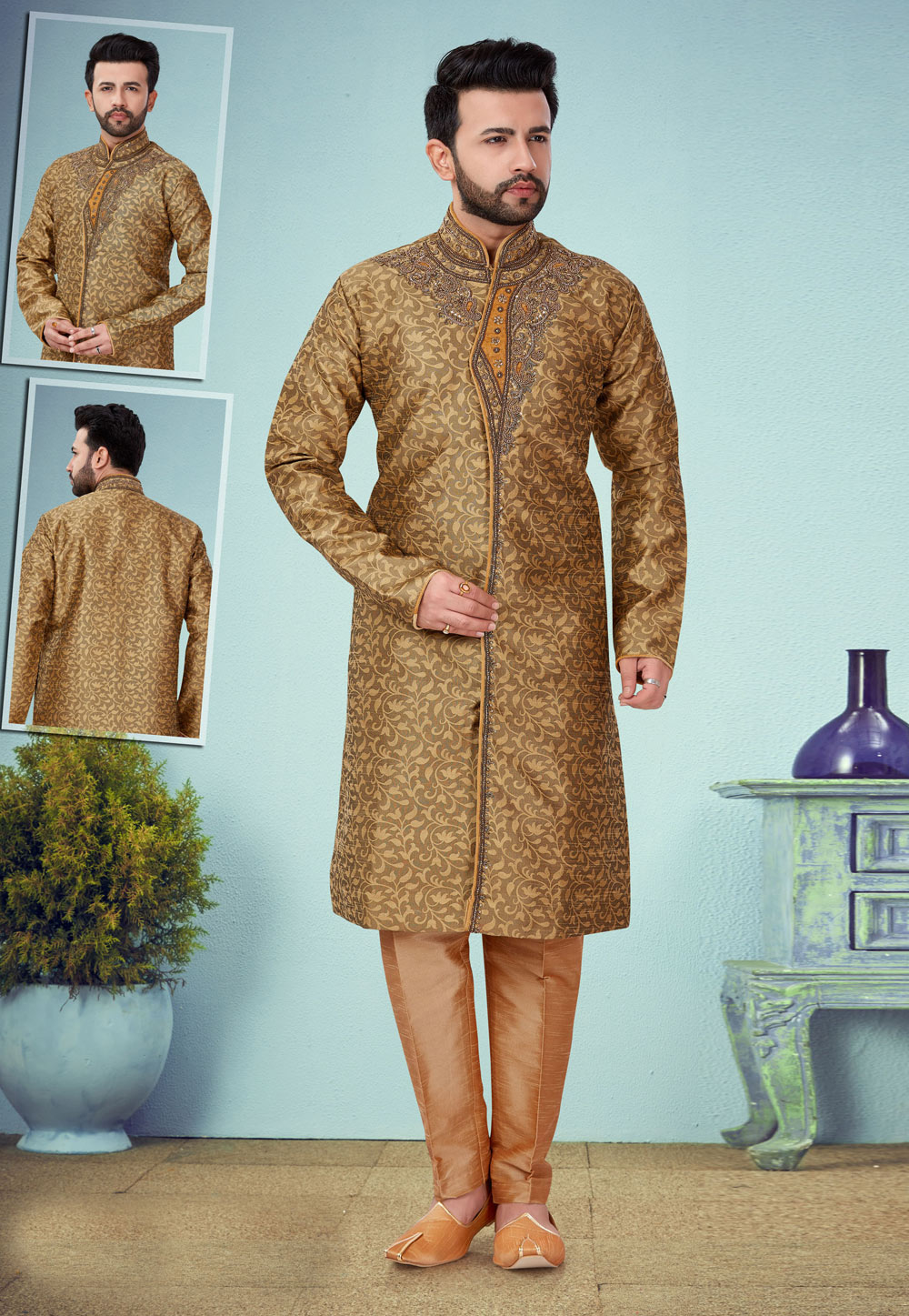 Beige Banarasi Jacquard Indo Western Suit 219968