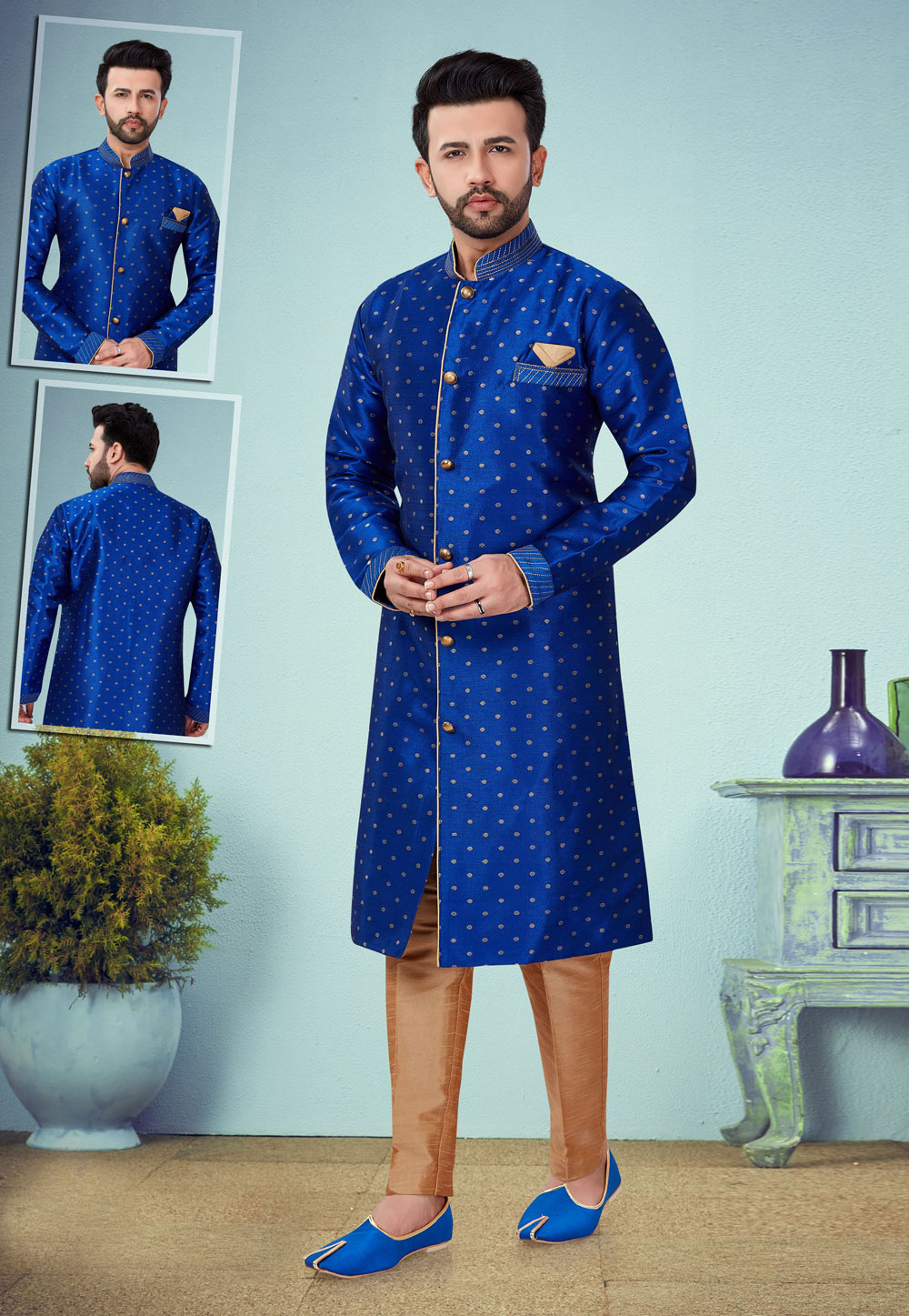 Blue Banarasi Jacquard Indo Western Suit 219969