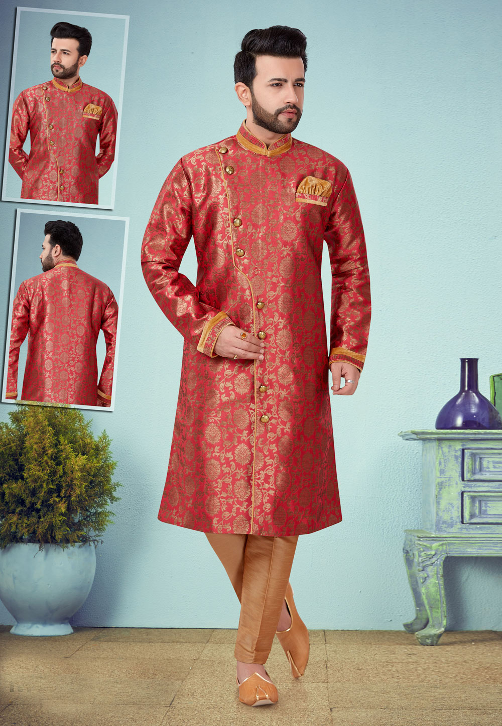 Pink Banarasi Jacquard Indo Western Suit 219970