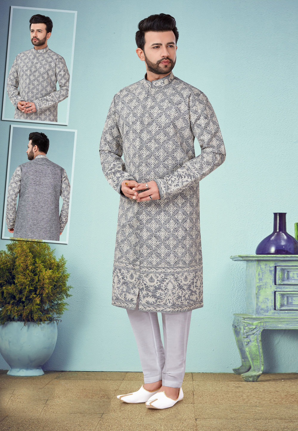 Grey Cotton Silk Indo Western Suit 219971