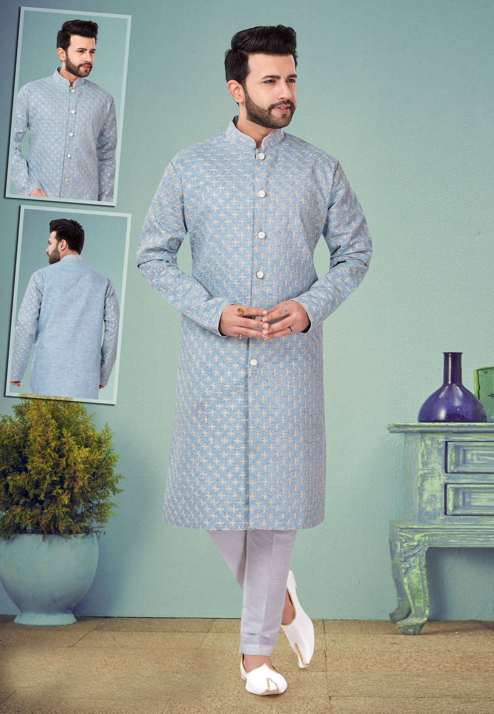 Sky Blue Cotton Silk Indo Western Suit 219972
