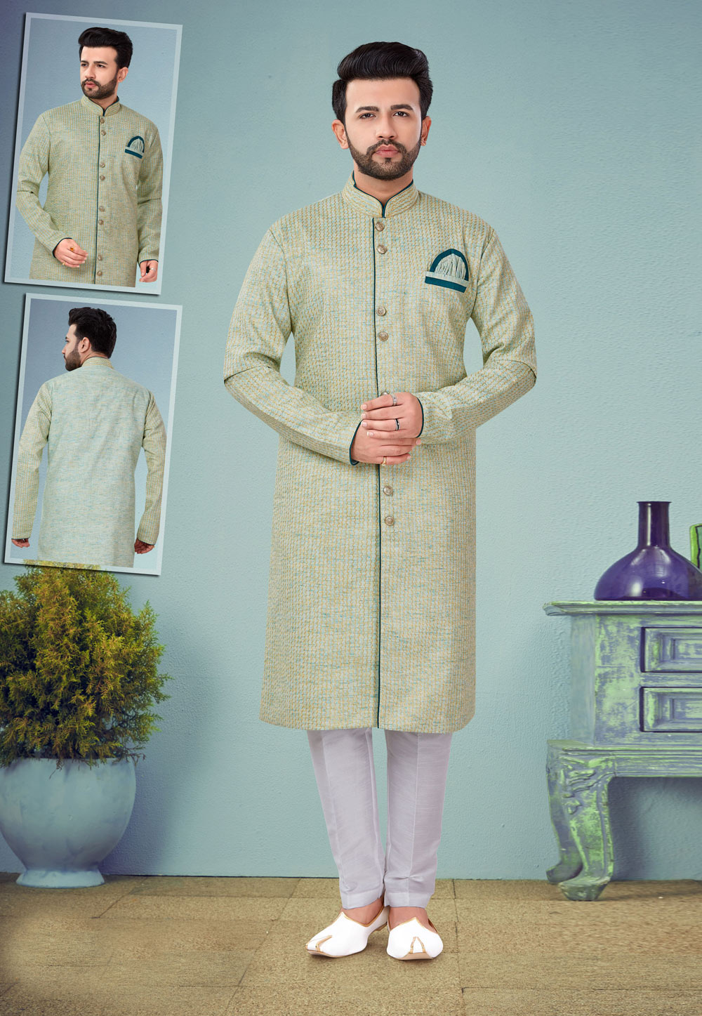 Light Green Cotton Silk Indo Western Suit 219973