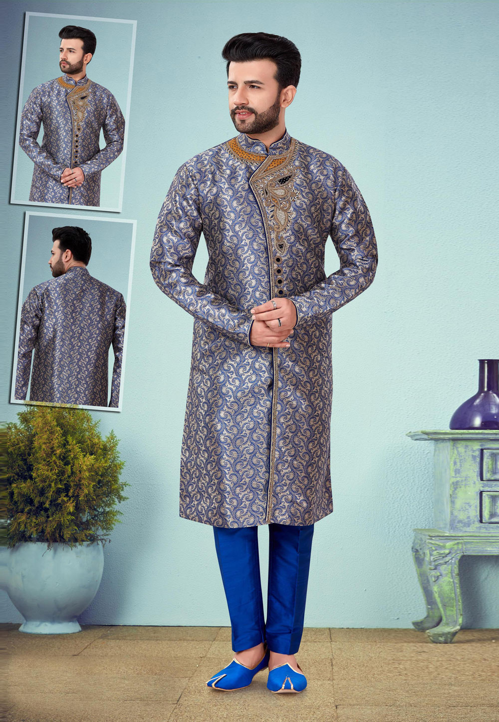 Blue Banarasi Jacquard Indo Western Suit 219974