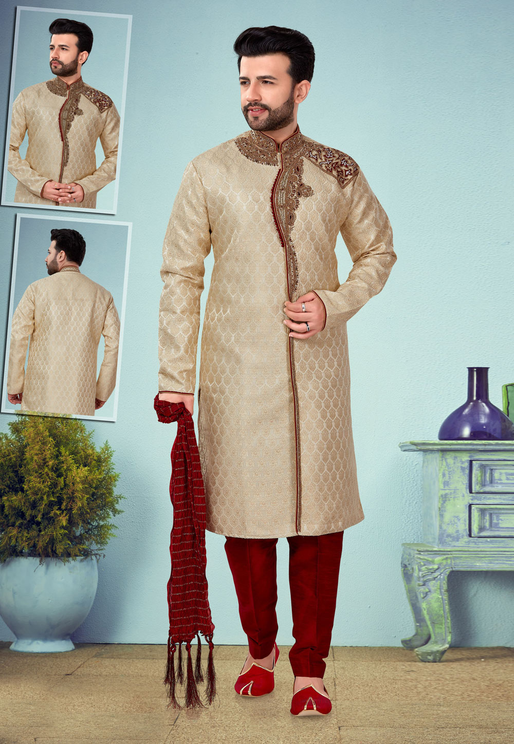 Beige Banarasi Jacquard Indo Western Suit 219975